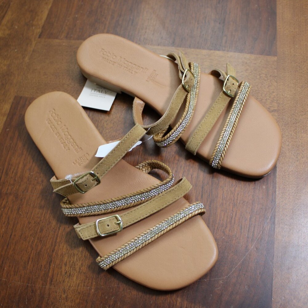 Fabio Maggenti Gold Rhinestone Leather Buckle Strap Sandals Size 7.5M NWOB